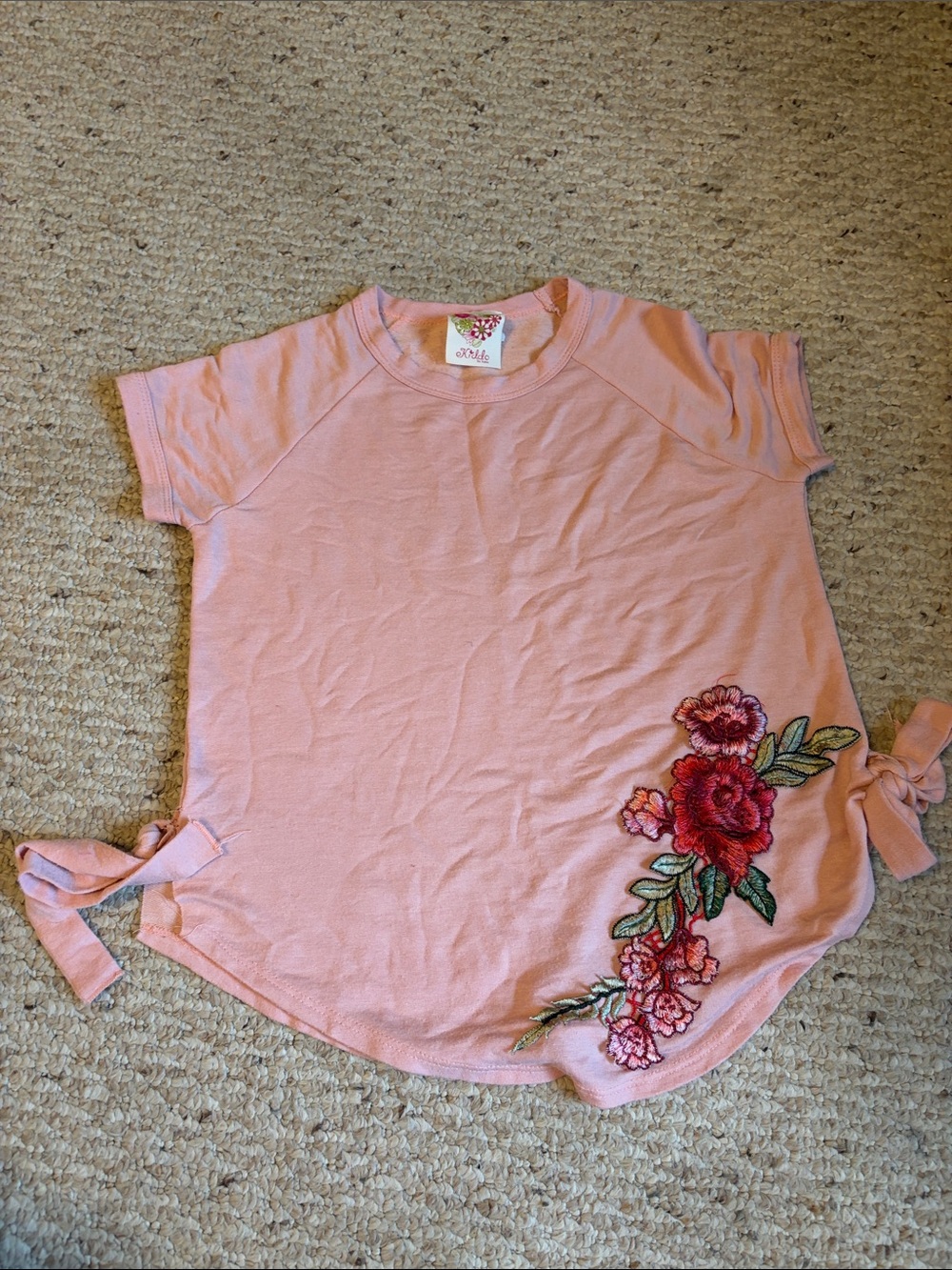 Girl's Pink Floral Tie-Side Short Sleeve Tee